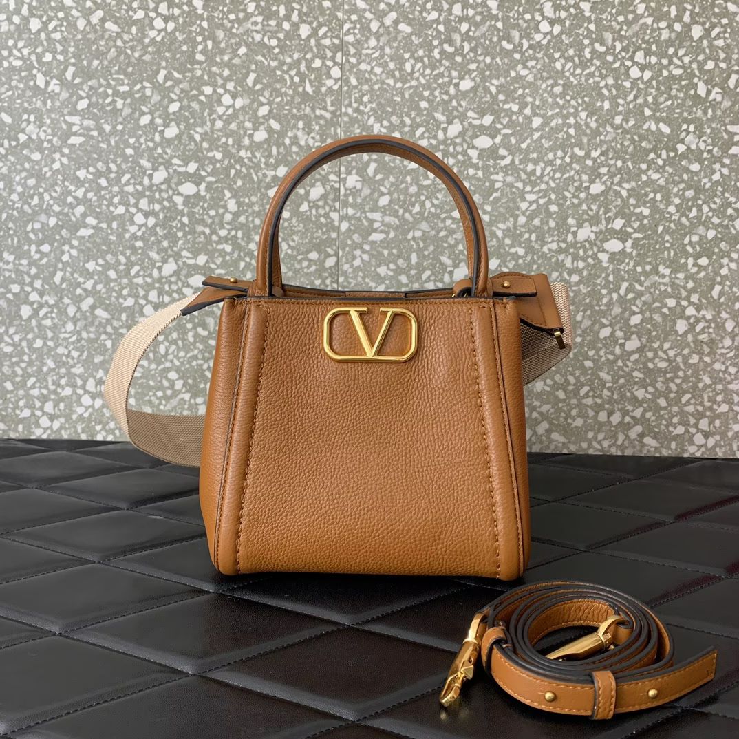 Valentino Garavani Alltime Small Handbag in Brown Grainy Calfskin